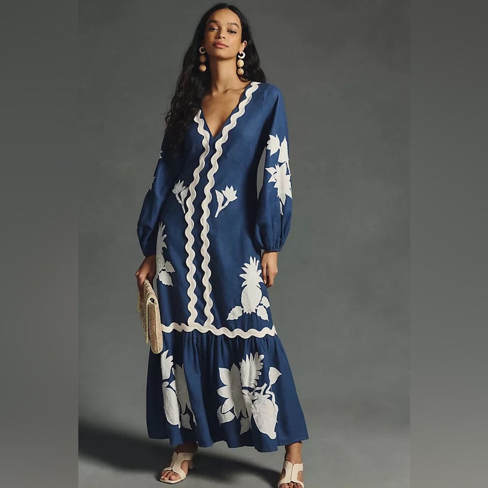 Farm Rio Anthropologie Embroidered Long-Sleeve Dress